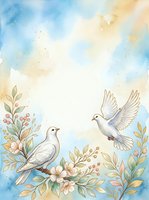 Watercolor illustration of two white doves surrounded by delicate flowers and foliage in soft blue and golden tones, symbolizing peace, love, and harmony for wedding and spiritual designs.