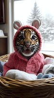 Baby tiger cub wearing pink knitted sweater sitting in wicker basket with soft blankets against winter window view, creating cozy domestic atmosphere.