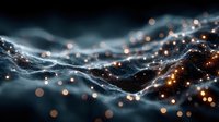 Abstract digital landscape with glowing orange light points scattered across dark blue waves, creating futuristic network visualization for technology backgrounds.