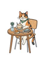 Tabby cat with white chest sitting at wooden table with coffee cup, succulent plant, croissant and book, wearing teal bandana. Isolated clipart for design use.