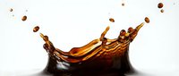 Dynamic coffee splash with droplets frozen in motion against clean white background for beverage advertising and culinary design projects.