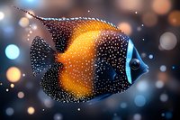 Vibrant orange and black tropical fish with white spots swimming in dark water with glowing bokeh lights and bubbles, creating magical underwater atmosphere.