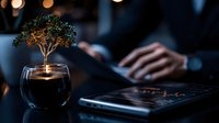 Small bonsai tree growing from coffee cup on dark table with person working on tablet, stock market chart visible, moody business atmosphere.