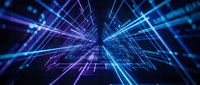 Abstract digital tunnel with glowing neon lines in blue and purple creating futuristic cyber space perspective for technology backgrounds.