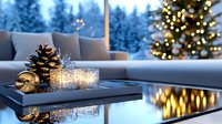 Cozy winter interior with glowing candle, pinecone and Christmas tree lights reflecting on glass table surface against snowy forest window view.