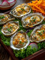 Fresh oysters on half shell garnished with spicy sauce and herbs, served on wooden board with lettuce, radish and carrot garnish for restaurant menu.