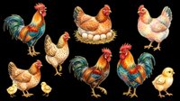 Watercolor farm poultry set with rooster, hens, chicks, and nesting hen on transparent background. Great for clipart, stickers, t-shirt design, and print on demand.