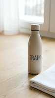 White insulated water bottle with train text on wooden floor next to towel, bright window background, fitness and hydration concept.