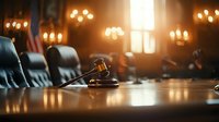 Wooden gavel on judge bench in empty courtroom with dramatic lighting and American flag, symbolizing justice system and legal proceedings in dark atmosphere.
