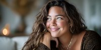 Happy young Hispanic woman with curly hair smiling warmly in cozy home interior with soft lighting and relaxed atmosphere.