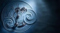 Vintage pocket watch with Roman numerals submerged in rippling water creating concentric circles and spiral patterns in moody blue lighting for time concepts.
