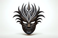 Dramatic tribal mask with feather-like crown design in black and metallic tones on white background, isolated decorative element for creative projects.
