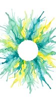 Watercolor paint splashes in shades of green, yellow, and teal radiating from a white center circle. Isolated on white background, ready for design use.