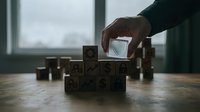 Business hand placing wooden cube with lightbulb icon completing puzzle structure on office desk representing innovation strategy and creative problem solving.