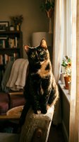 Tortoiseshell cat sitting on wooden furniture in cozy living room with warm sunlight streaming through window creating peaceful domestic atmosphere.