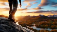 Hiker standing on mountain peak at sunset overlooking valley with winding river and dramatic sky. Adventure travel concept showing achievement and exploration.