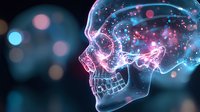 Glowing translucent skull profile with visible brain activity showing neural connections against dark background with bokeh lights in pink and blue colors.