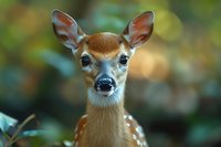 Young spotted whitetail deer fawn with large ears and dark eyes gazes directly at camera against soft focus green forest background, showing innocent expression.