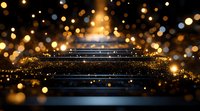 Dark reflective surface with golden bokeh lights and glitter particles creating magical atmosphere. Luxury stage backdrop for product display or celebration.