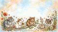 Adorable watercolor woodland animals including squirrel, hamster, and mice with floral border on textured paper background for nursery decor and children designs.