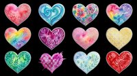 Colorful heart shapes with various artistic patterns including watercolor, floral, glitter, and ornamental designs. Isolated on transparent background, ready for t-shirts, stickers, clipart, sublimation, and print-on-demand projects.