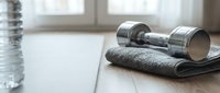Young adult male, Caucasian, fitness enthusiast, resting chrome dumbbells on gray towel beside water bottle on wooden floor, gym workout recovery scene.