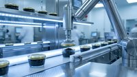 Automated pharmaceutical manufacturing line with robotic arm handling medicine containers in sterile laboratory environment for drug production.