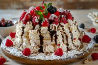 Layered meringue cake with fresh raspberries, blackberries, chocolate drizzle and whipped cream on wooden plate, dusted with powdered sugar and garnished with mint.