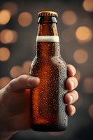 Cold brown glass bottle with water drops and condensation held in hand against blurred bokeh background, dramatic lighting creates appetizing beverage presentation.