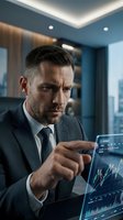 Focused businessman in suit analyzing financial data on tablet screen in modern office environment for trading and investment decisions.