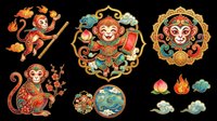 Colorful Chinese zodiac monkey set isolated on transparent background, featuring folk art style characters with floral and fire motifs, ready for stickers, clipart, and print on demand.