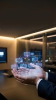 Businessman holding glowing digital network interface with connected devices and data visualization in modern office environment for technology, innovation, and business solutions concepts.
