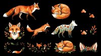 Cute fox collection with walking, sitting, and sleeping poses, curled up animal, head portrait, paw prints, and decorative foliage elements isolated on transparent background. Ready for t-shirt design, clipart, stickers, sublimation, and print-on-demand projects.