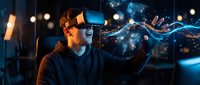 Young man wearing VR headset interacting with glowing digital particles and data streams in futuristic technology environment for gaming and virtual reality.