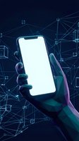 Hand holding smartphone with blank white screen against futuristic digital network background with connected nodes and geometric patterns for tech mockup.