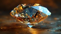 Brilliant cut diamond with amber and blue reflections on wet dark surface showcases luxury gemstone facets and sparkle in dramatic lighting conditions.