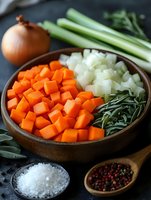 Fresh diced carrots, onions, celery and herbs in wooden bowl with salt and peppercorns for soup or stew base preparation, dark rustic background.