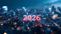 Glowing pink 2026 numbers with fireworks over blurred night cityscape, creating festive celebration atmosphere for New Year or future concept.