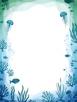 Underwater ocean frame with jellyfish, coral reef, seaweed and tropical fish in blue tones. Marine border template for invitations and educational materials.