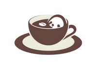 Playful coffee cup design featuring cute character peeking out from brown beverage with coffee bean accent on cream-colored saucer, isolated on white background.