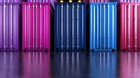 Colorful shipping containers in vibrant purple, pink, and blue tones arranged in row with reflective floor surface.