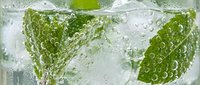 Refreshing sparkling water with fresh mint leaves and ice cubes creating bubbles. Perfect for summer drinks, cocktails, and healthy beverage concepts.