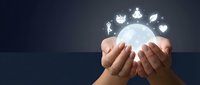Hands holding glowing globe with floating icons representing global connection, technology, communication, and digital network for business and innovation concepts.