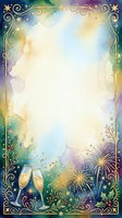 Watercolor celebration frame with champagne glasses, fireworks, and ornate gold border featuring stars and botanical elements on gradient background, isolated on white for invitations and greeting cards.