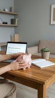 Hands holding pink piggy bank at wooden desk with laptop showing financial spreadsheet and documents for personal budgeting and savings planning.