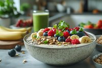 Healthy breakfast bowl with granola, fresh berries, banana slices and green smoothie. Nutritious morning meal served in ceramic bowl on gray table.