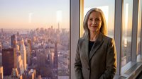 Mature blonde woman in gray blazer standing by high-rise window overlooking sprawling cityscape at sunset, professional corporate portrait for business leadership and executive themes.