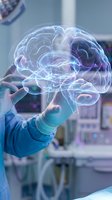 Medical professional examining holographic brain model in modern healthcare facility for neurological research and diagnosis applications.