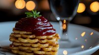 Elegant layered dessert with glossy red berry sauce and fresh mint garnish on white plate with wine glass and warm bokeh lighting for fine dining.