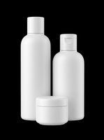 White cosmetic bottles and jar set isolated on transparent background, ready for beauty product packaging design, labels, print-on-demand, sublimation, and branding mockups.